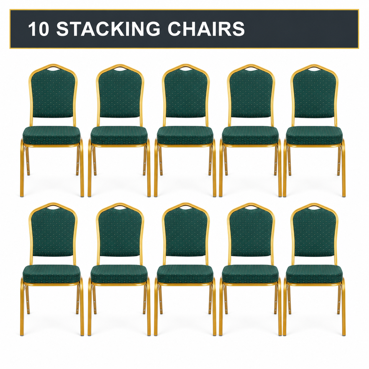Green 10-chair pack of stacking banqueting chairs with gold metal frames - 10 stacking chairs