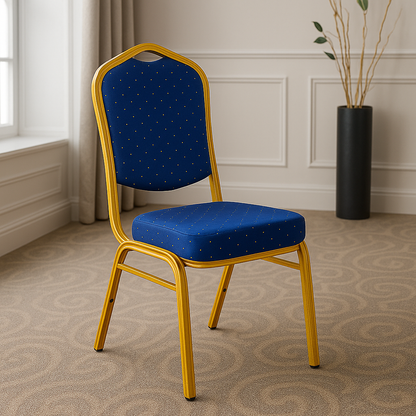 Royal blue banqueting chair with gold frame shown in a formal indoor room