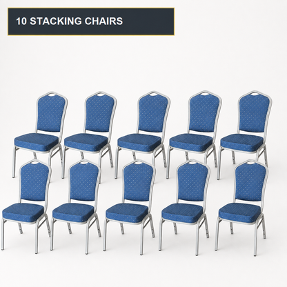 Blue 10-chair pack of stacking banqueting chairs with silver metal frames - 10 stacking chairs