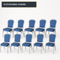 Blue 10-chair pack of stacking banqueting chairs with silver metal frames - 10 stacking chairs