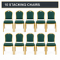 Green 10-chair pack of stacking banqueting chairs with gold metal frames - 10 stacking chairs