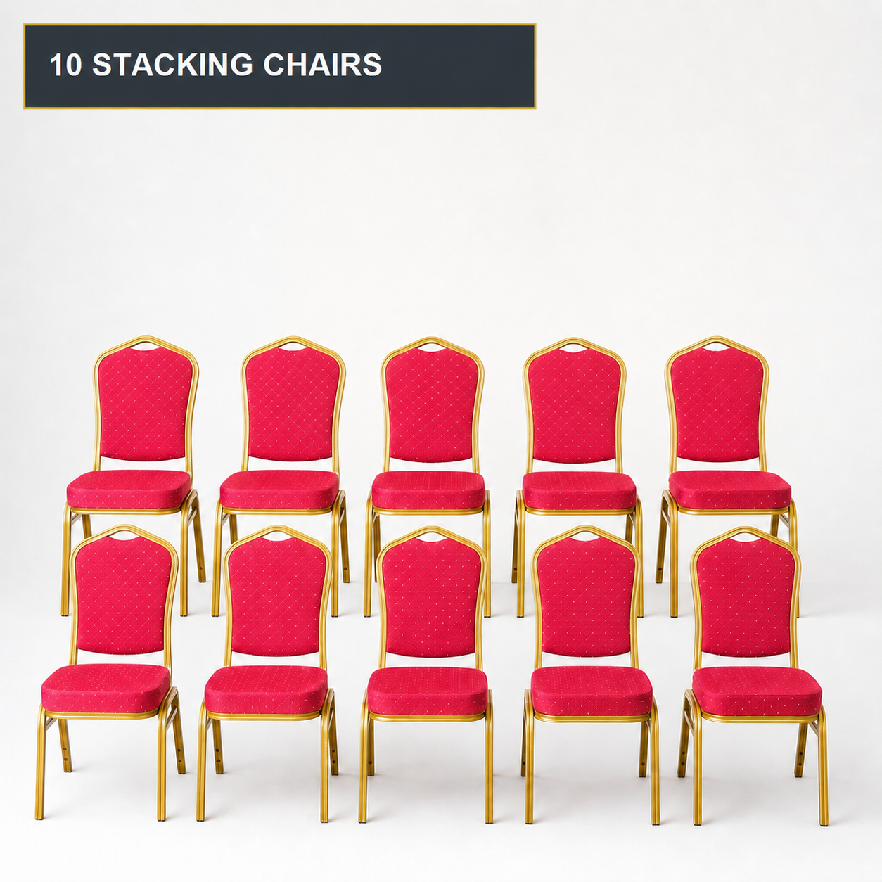 Red 10-chair pack of stacking banqueting chairs with gold metal frames - 10 stacking chairs
