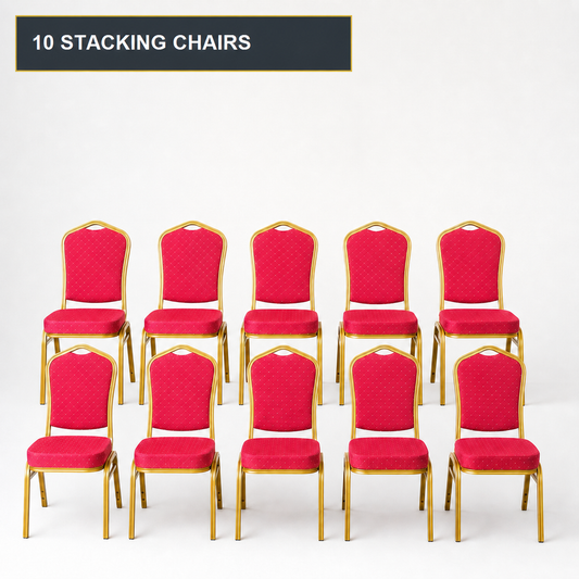 Red 10-chair pack of stacking banqueting chairs with gold metal frames - 10 stacking chairs