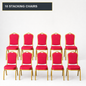 Red 10-chair pack of stacking banqueting chairs with gold metal frames - 10 stacking chairs