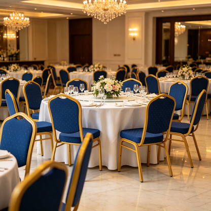 Royal blue and gold banquet chairs arranged around a round dining table