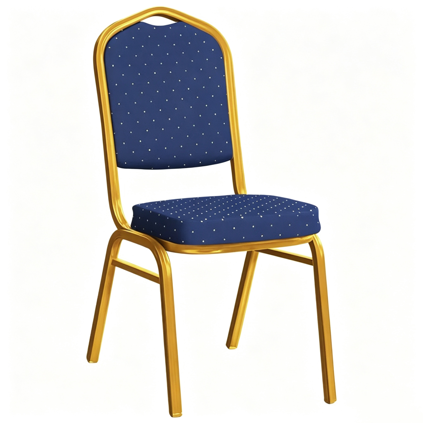 Angled view of royal blue padded banqueting chair with gold steel frame on a white background