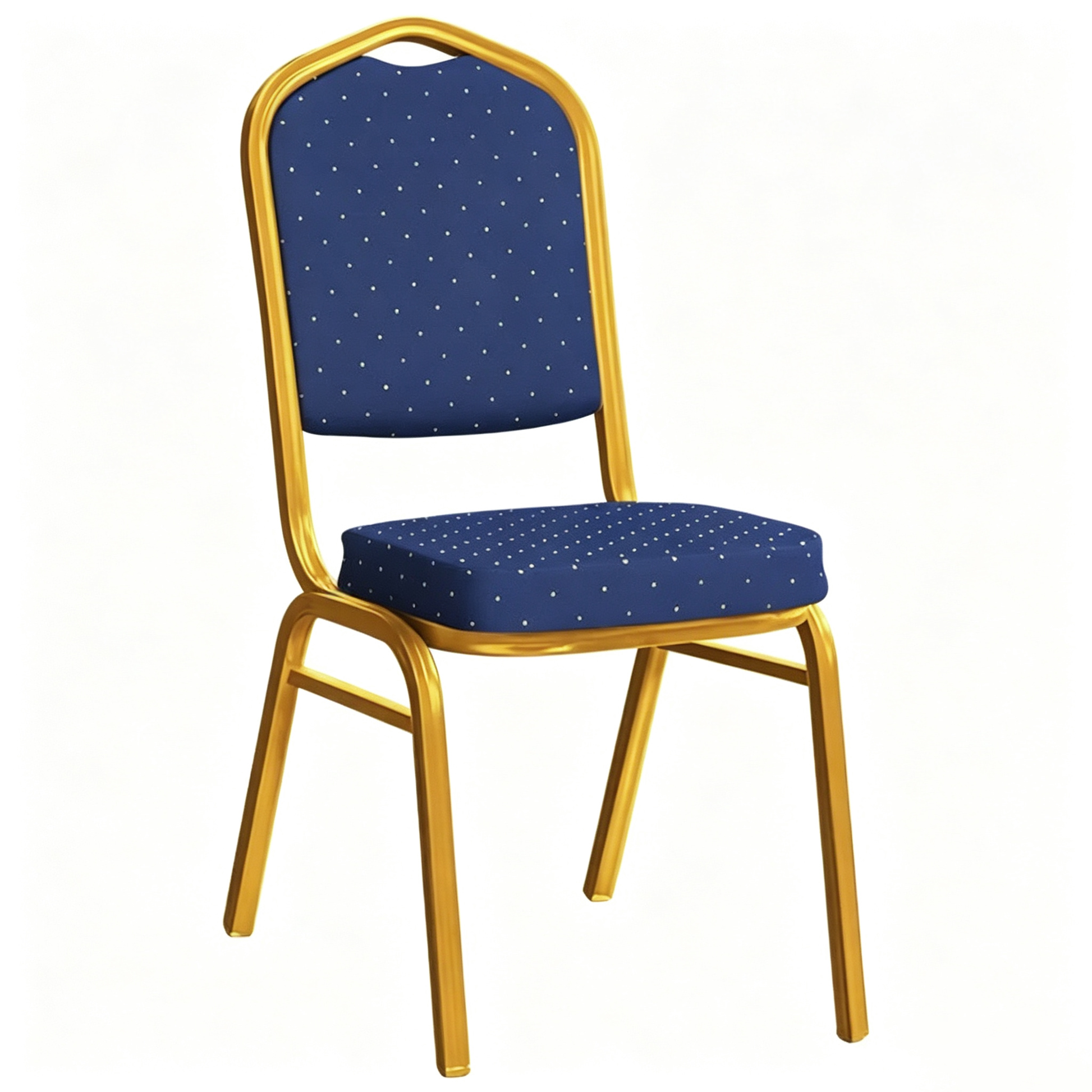 Angled view of royal blue padded banqueting chair with gold steel frame on a white background