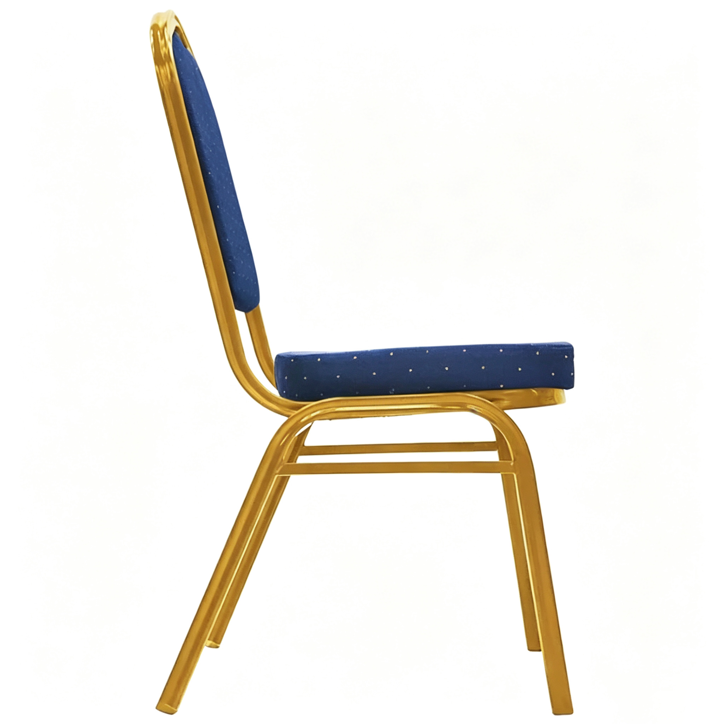 Side view of royal blue padded banquet chair showing the gold steel frame