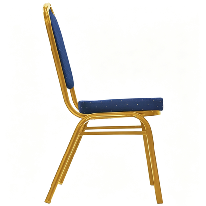 Side view of royal blue padded banquet chair showing the gold steel frame
