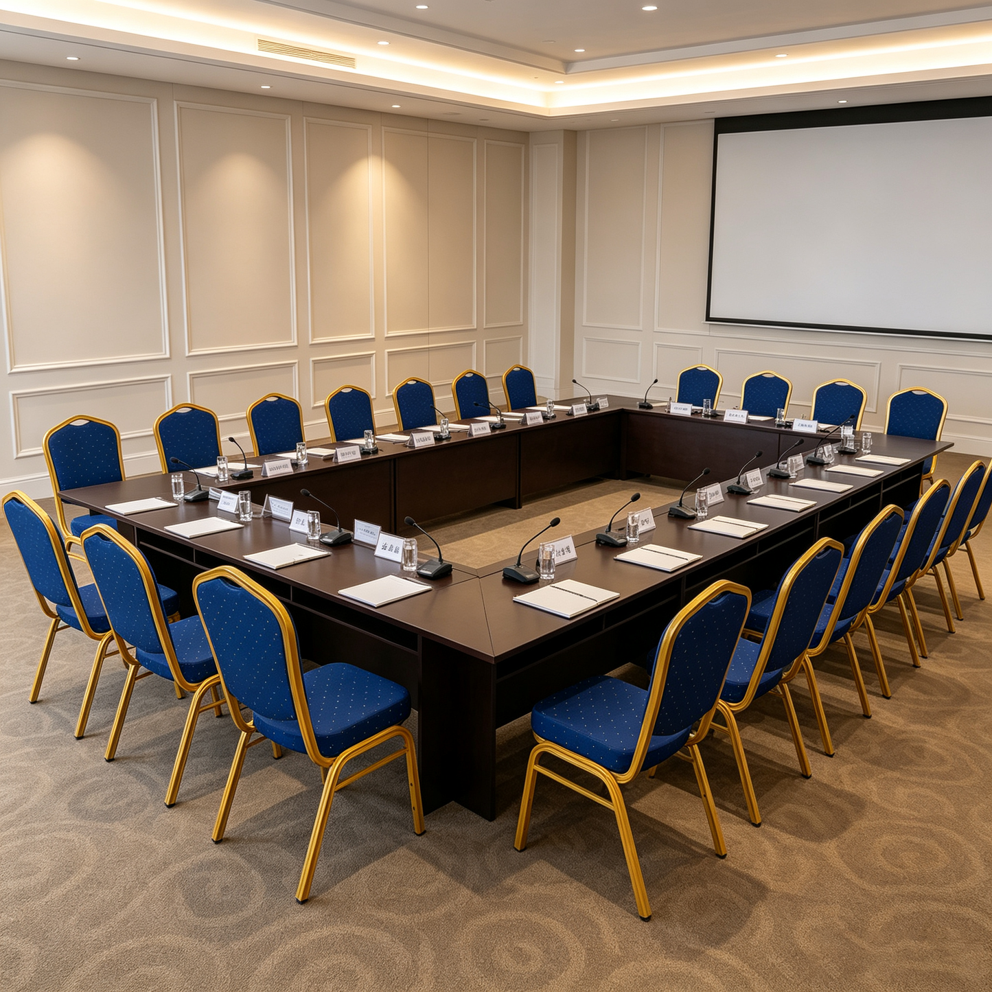 Royal blue and gold banqueting chairs arranged around a conference table