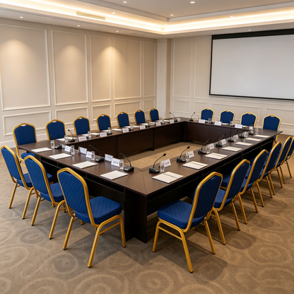Royal blue and gold banqueting chairs arranged around a conference table