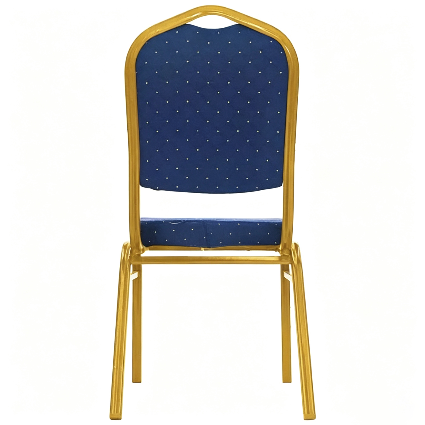 Rear view of royal blue patterned banquet chair with gold steel frame on a white background