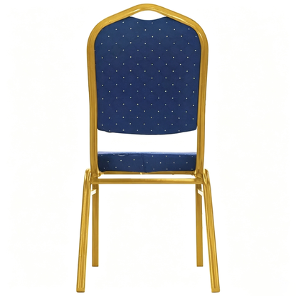 Rear view of royal blue patterned banquet chair with gold steel frame on a white background