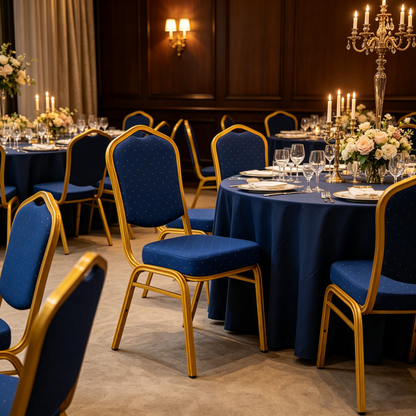 Royal blue and gold banquet chairs arranged for a formal dining event