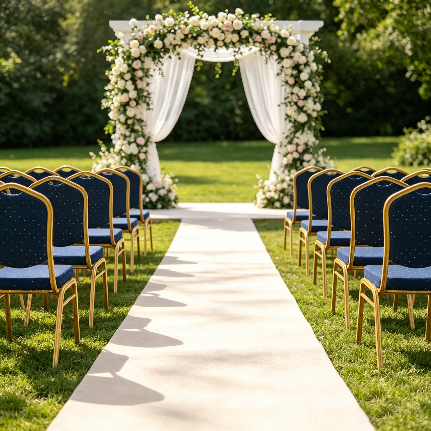 Royal blue and gold chairs arranged along a wedding aisle