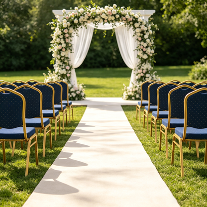 Royal blue and gold chairs arranged along a wedding aisle