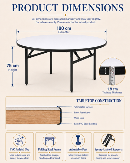 1.8 m round folding banqueting table dimensions and padded tabletop construction