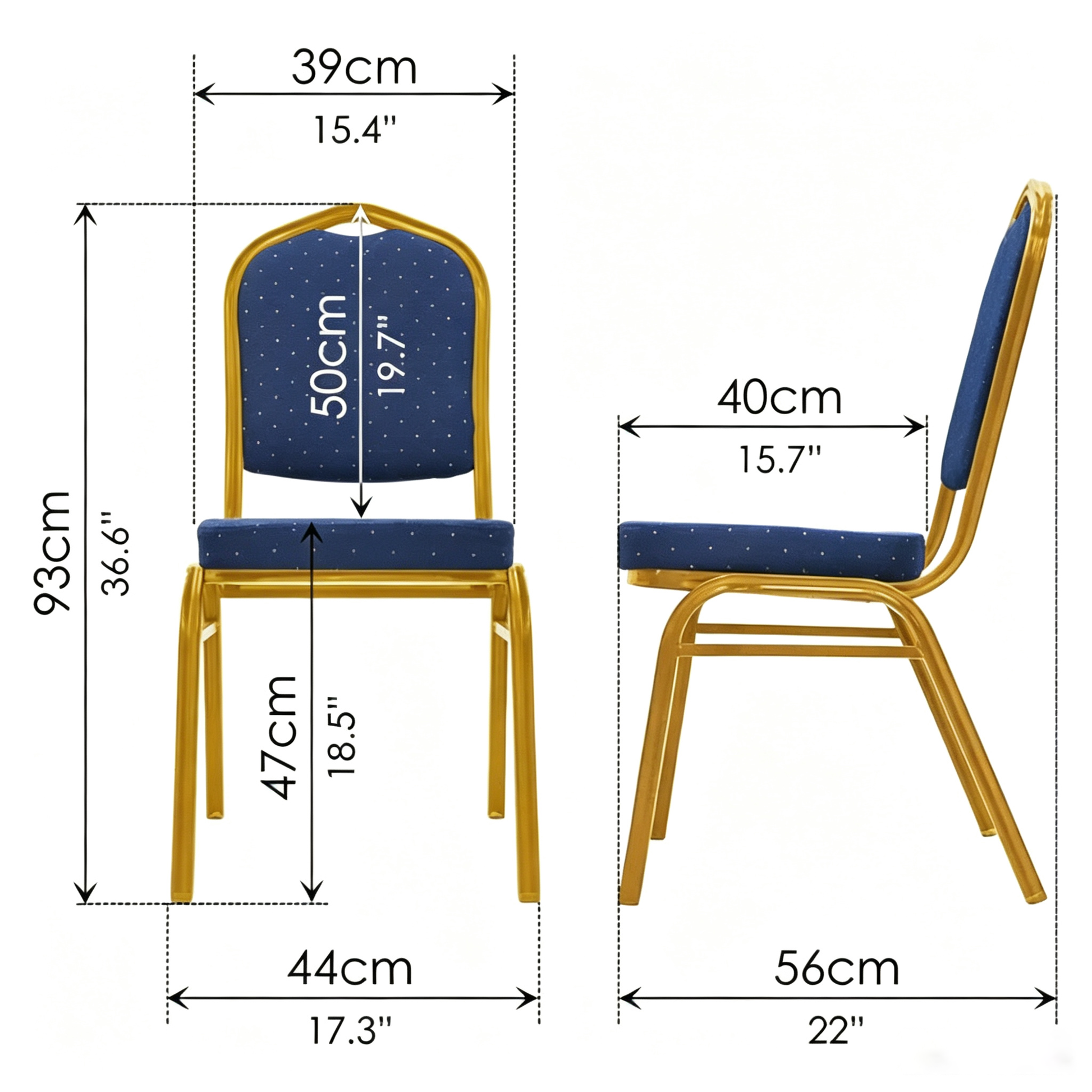 Royal blue banquet chair dimensions showing 93 cm height, 44 cm width and 56 cm depth