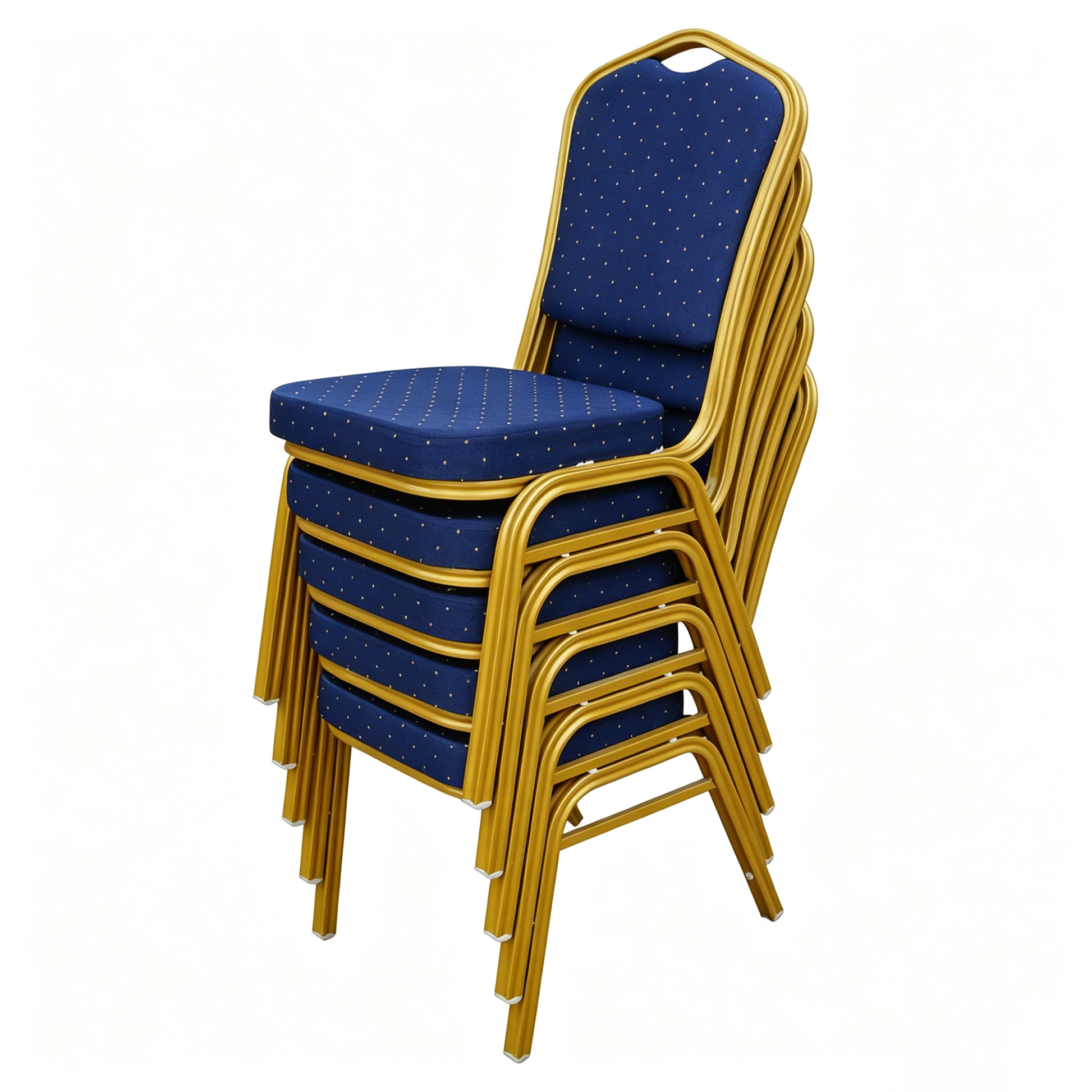 Stacked royal blue banquet chairs with gold steel frames showing the stackable design