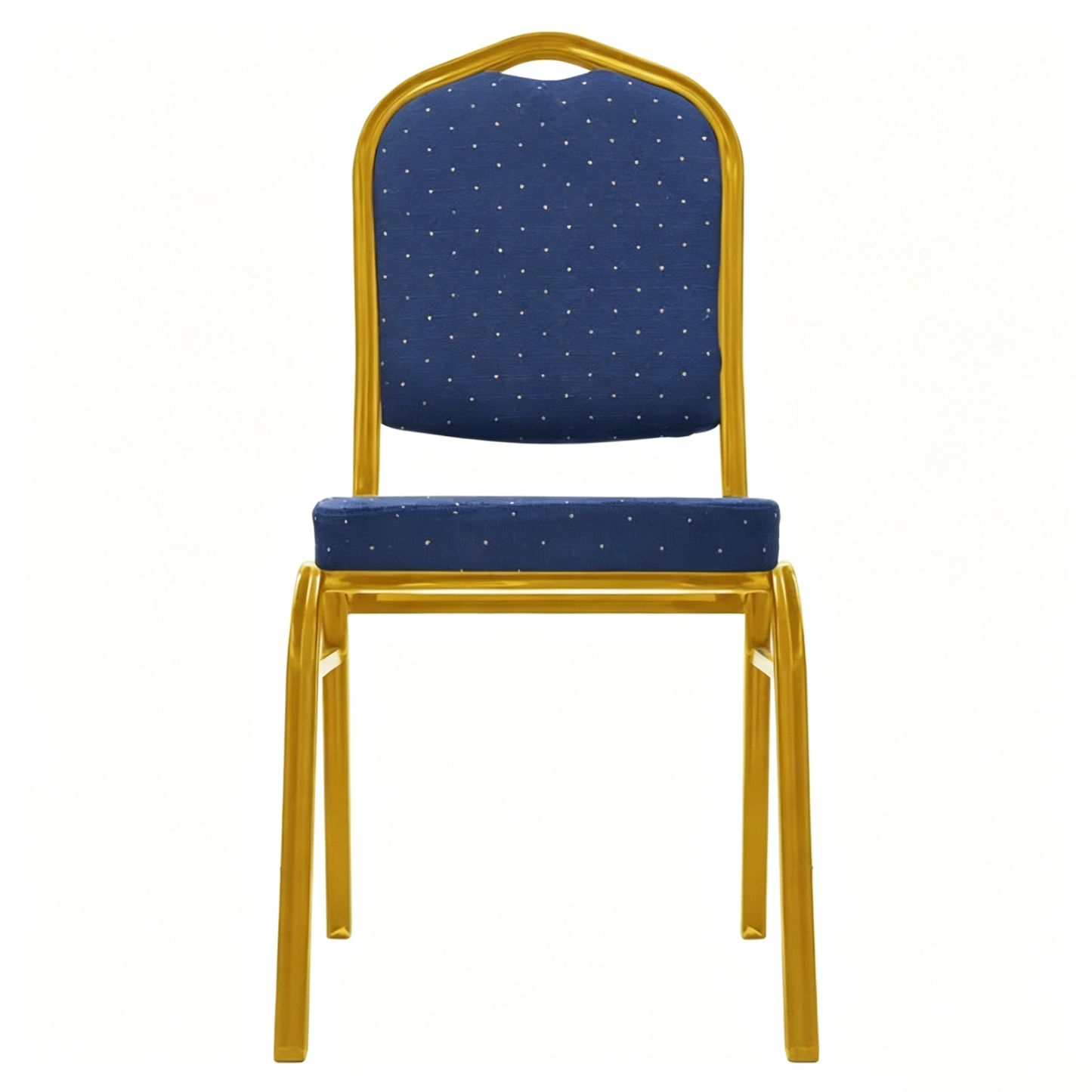 Front view of royal blue patterned banqueting chair with gold steel frame on a white background