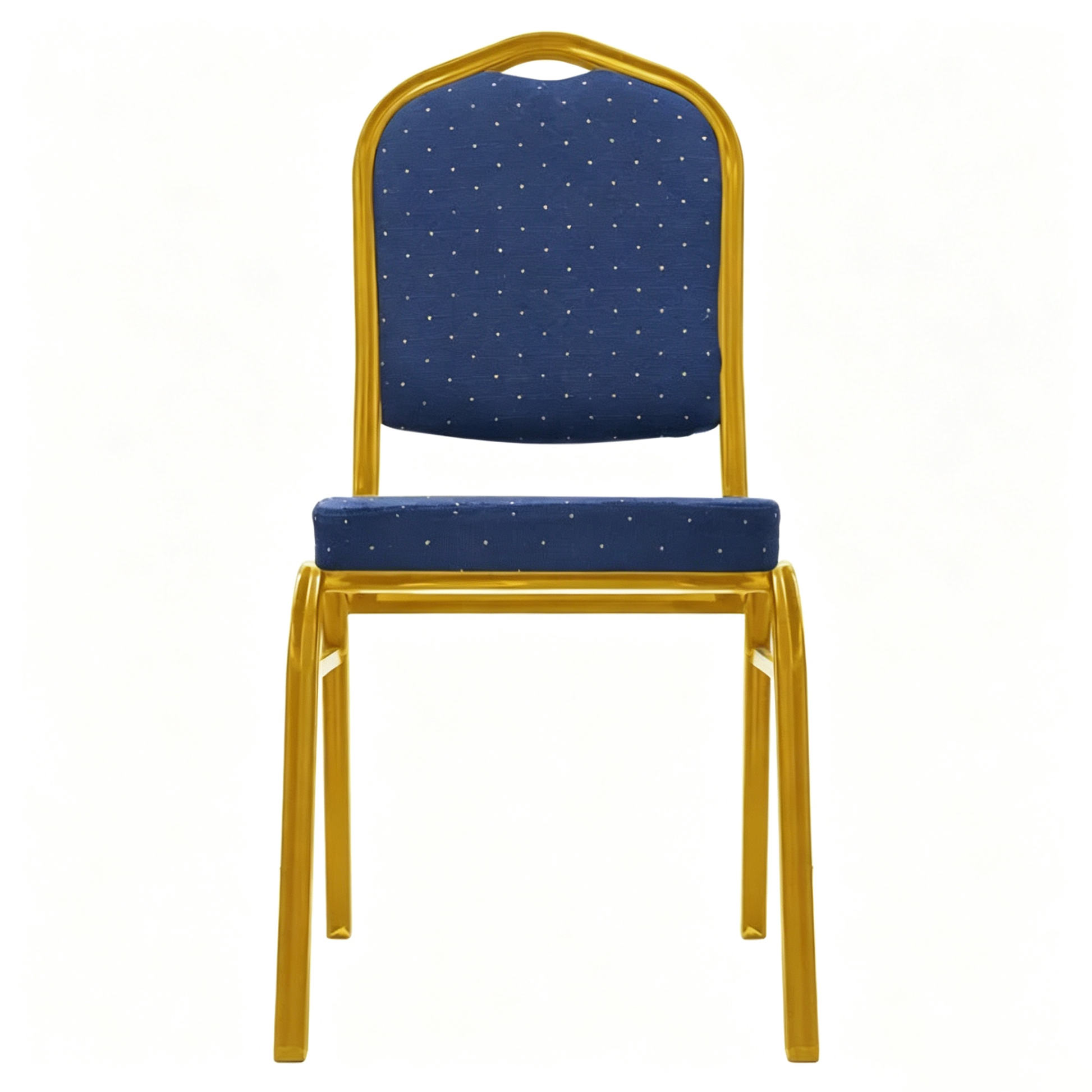 Front view of royal blue patterned banqueting chair with gold steel frame on a white background