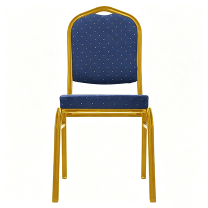Front view of royal blue patterned banqueting chair with gold steel frame on a white background