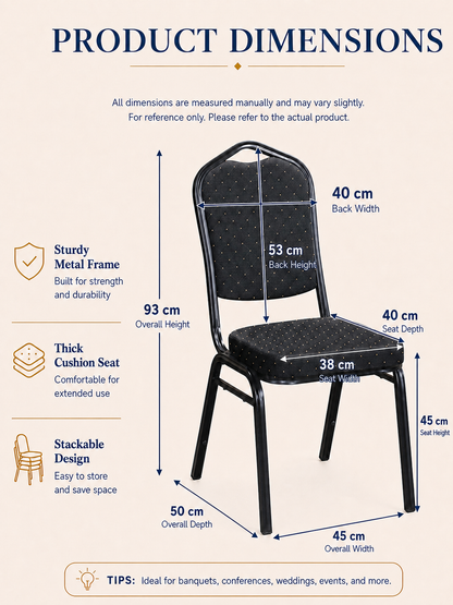 Black stackable banqueting chair dimensions with seat, backrest and overall measurements