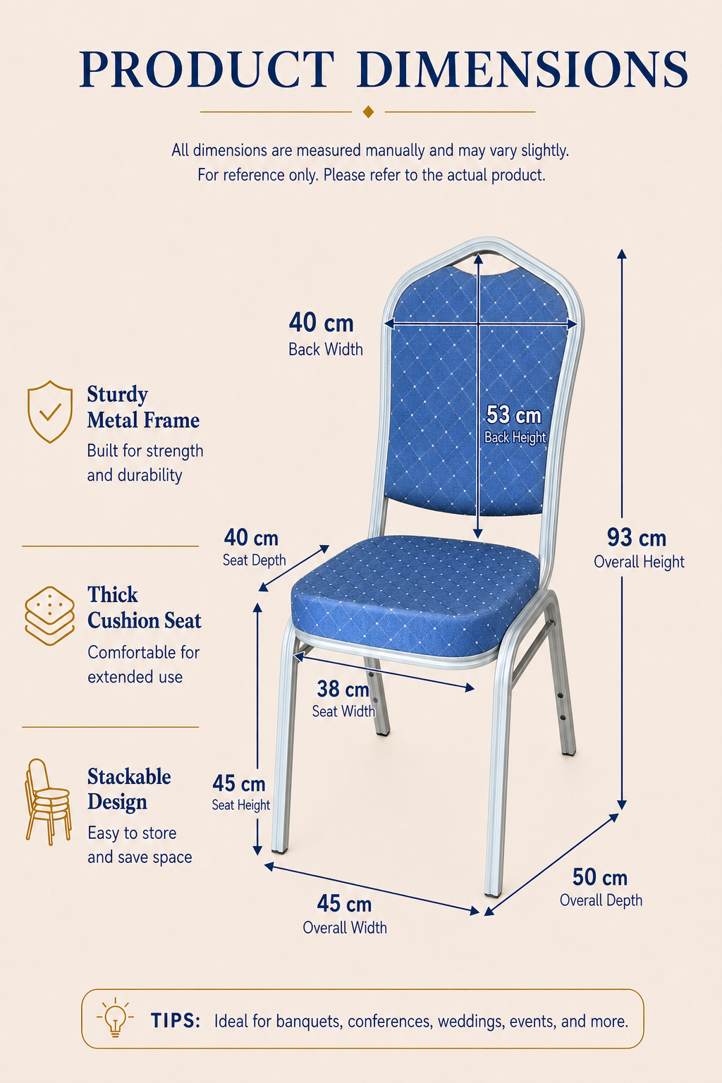 Blue and silver stackable banqueting chair dimensions with seat, backrest and overall measurements