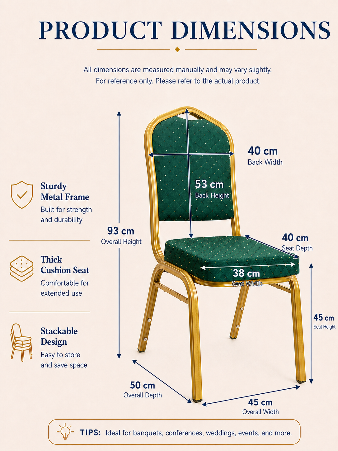 Green and gold stackable banqueting chair dimensions with seat, backrest and overall measurements