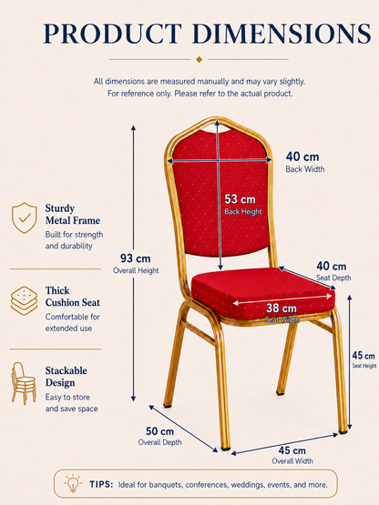 Red and gold stackable banqueting chair dimensions with seat, backrest and overall measurements