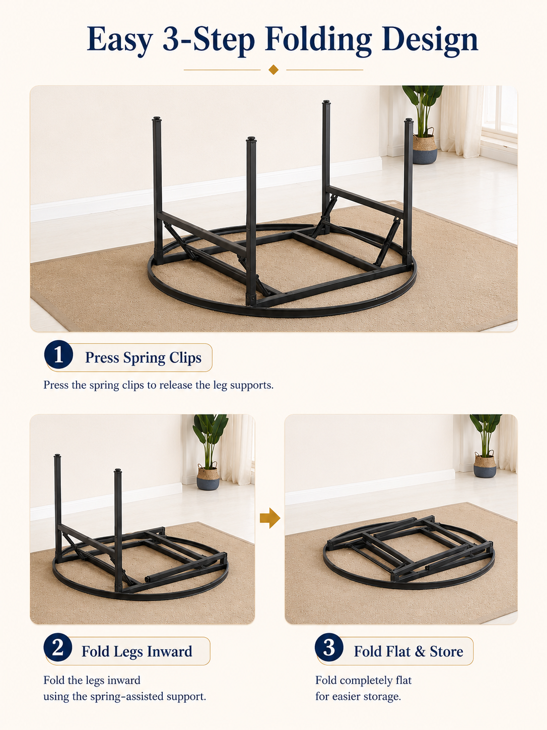 Three-step folding sequence for the 1.8 m round banqueting table frame