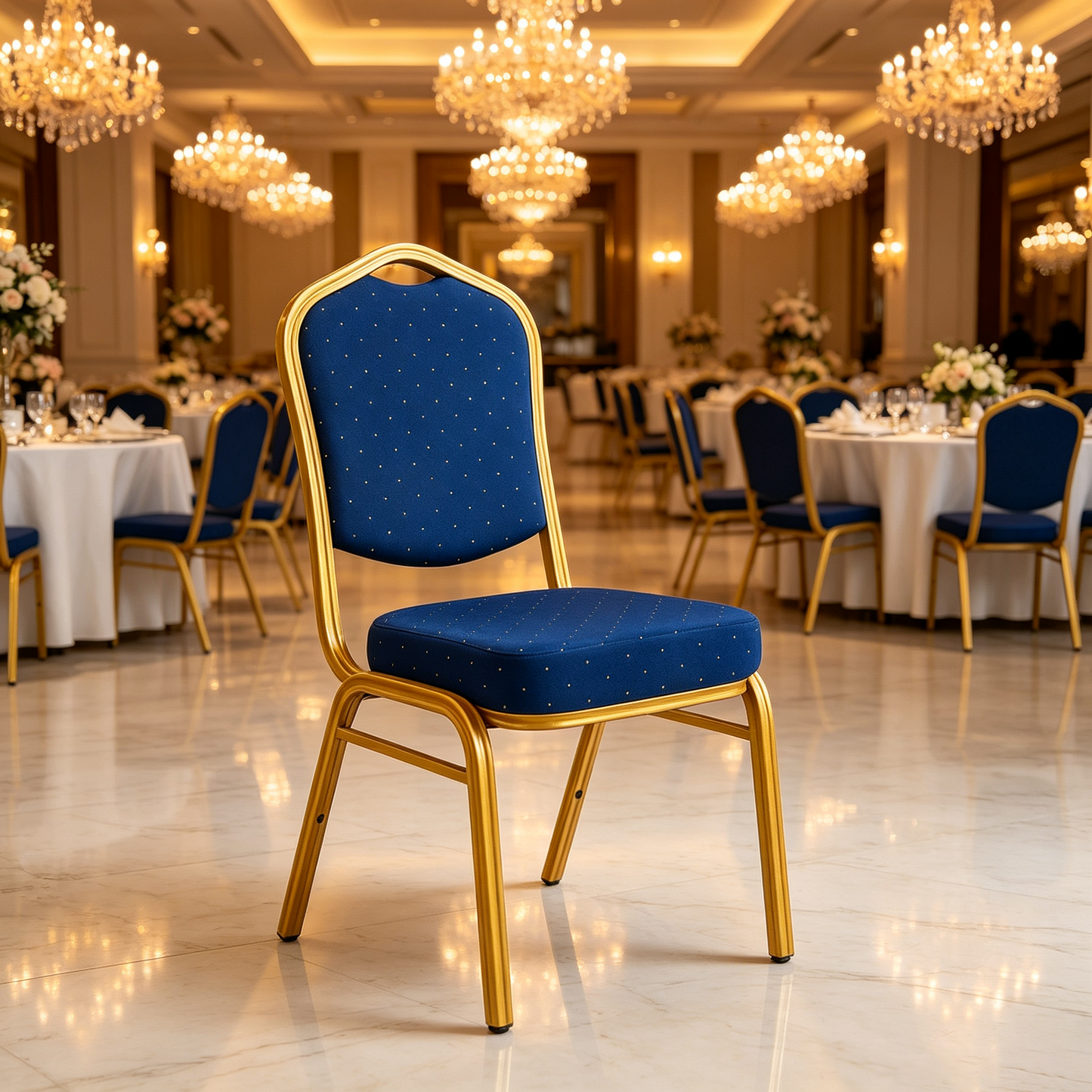 Royal blue and gold banqueting chair in a wedding reception setting