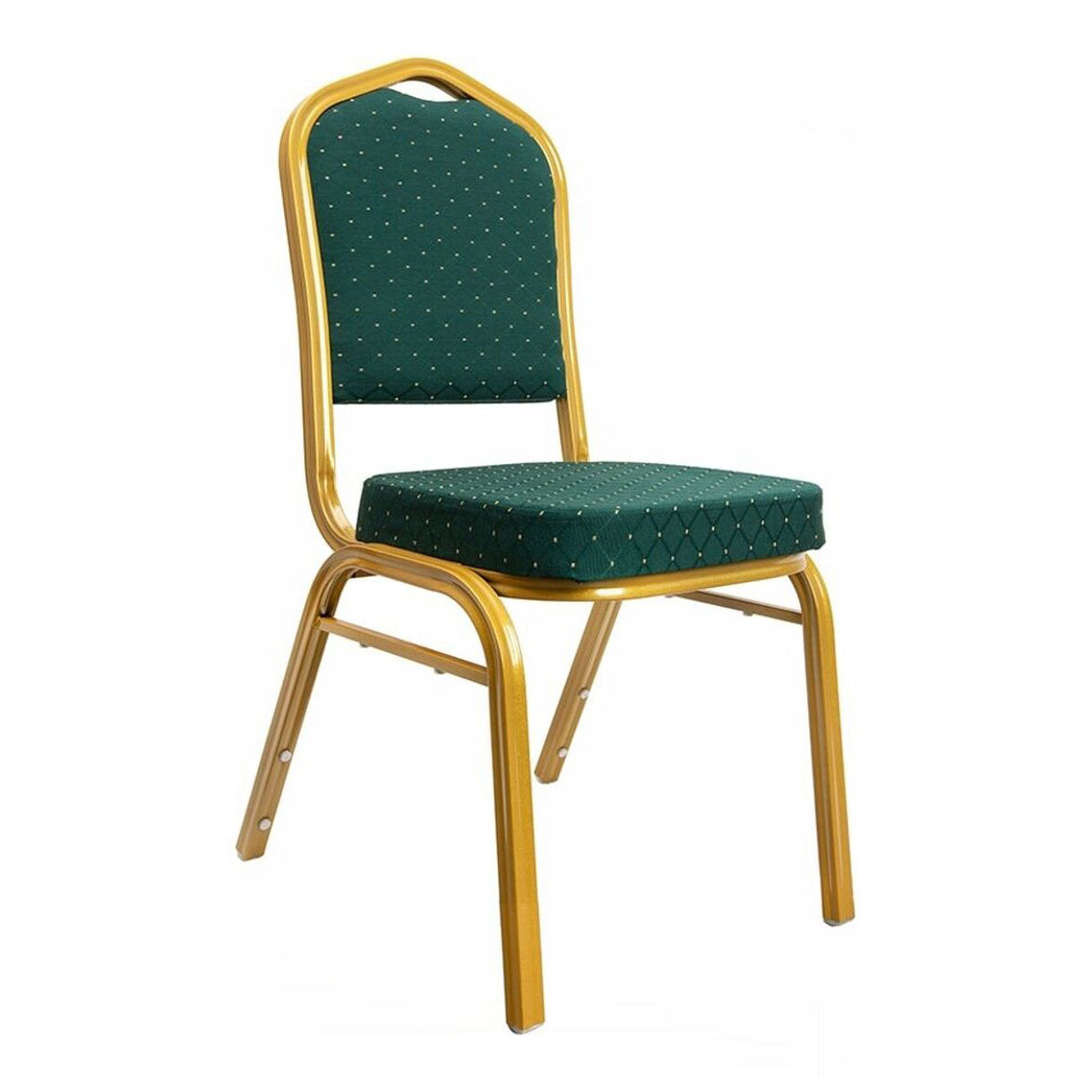 Green stackable banqueting chair with gold metal frame on white background