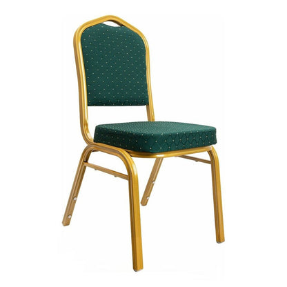 Green stackable banqueting chair with gold metal frame on white background
