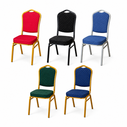 Five colour stackable banqueting chairs with red, black, blue, green and royal blue upholstery and metal frames