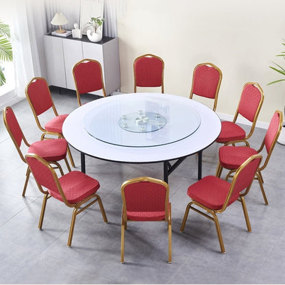 White folding round table with a central glass turntable and banqueting chairs