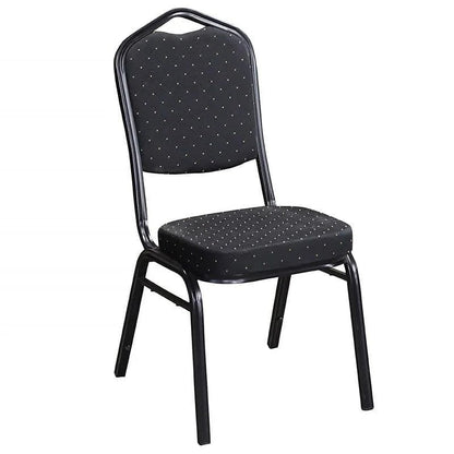 Black padded banquet chair with black metal frame on white background