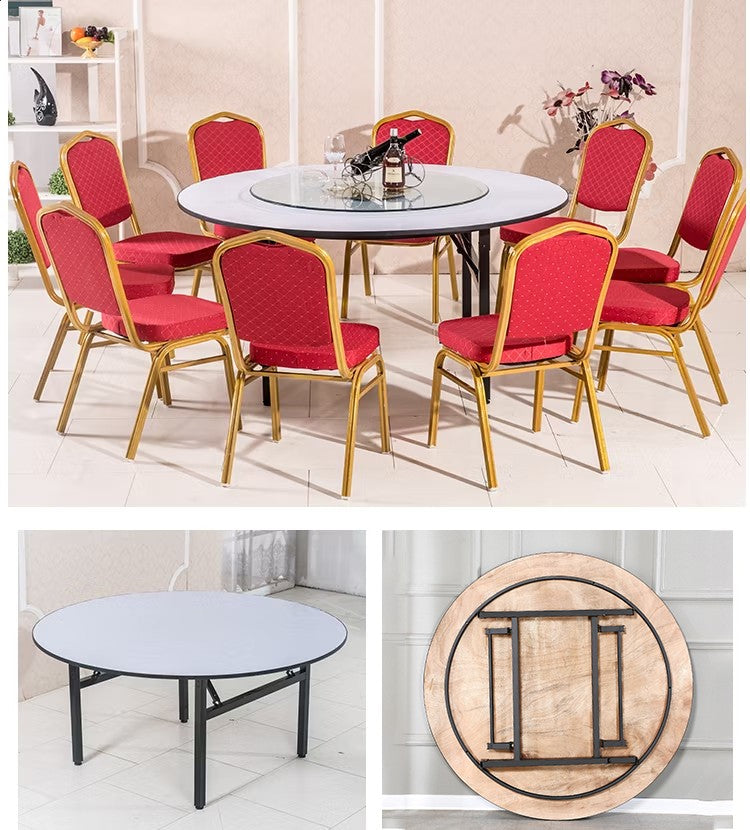 White 1.8 m round folding banqueting table shown with red and gold chairs