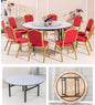 White 1.8 m round folding banqueting table shown with red and gold chairs